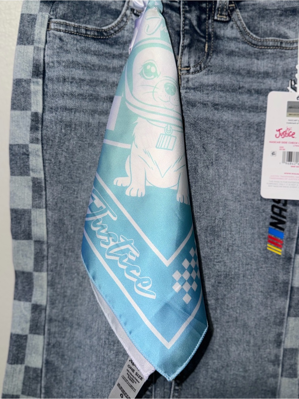 Justice Gray Checkerboard Trim Denim Skirt with Blue Accent Scarf - Picture 3 of 5